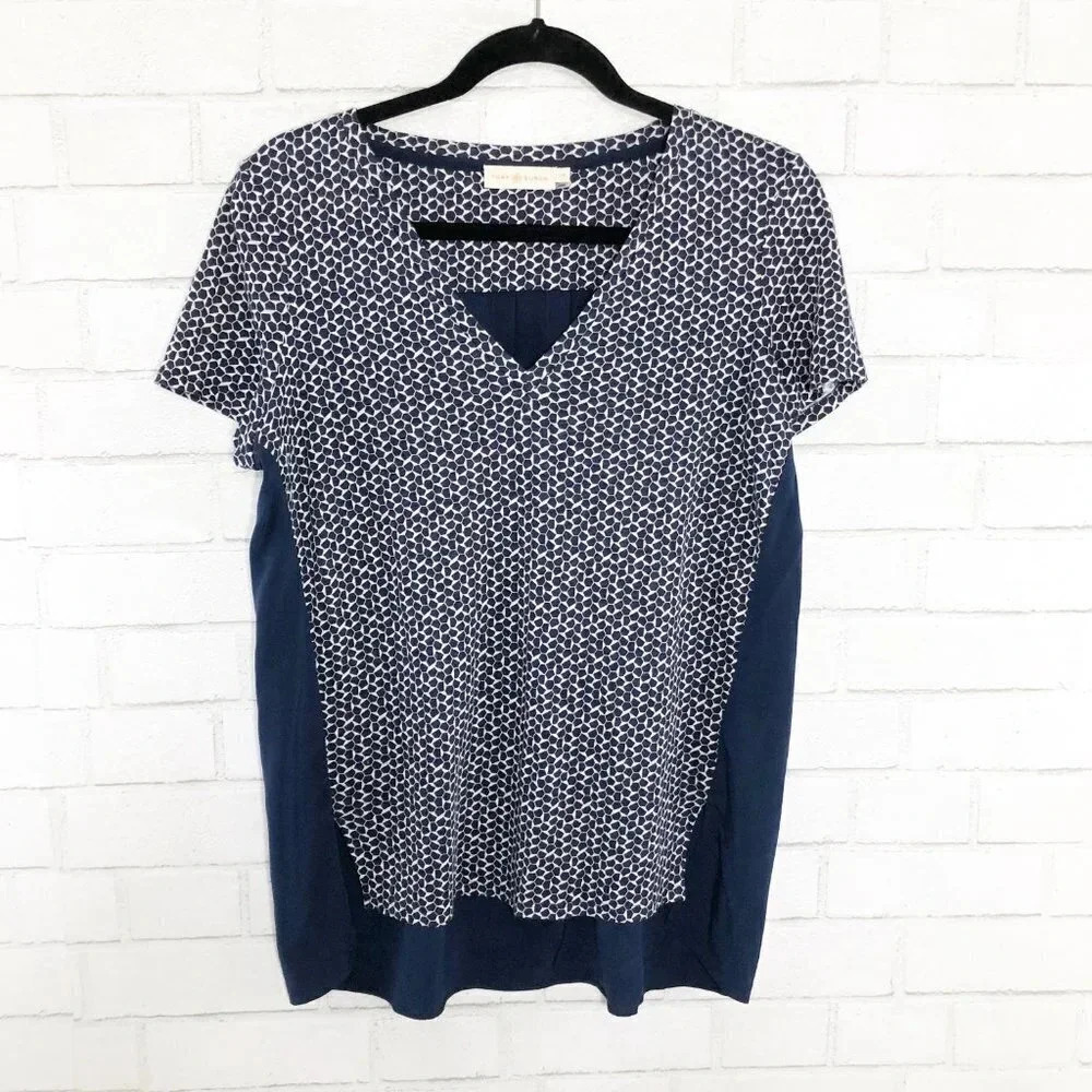 Tory Burch Navy Blue and White Teserra Blouse Shirt Size Small
